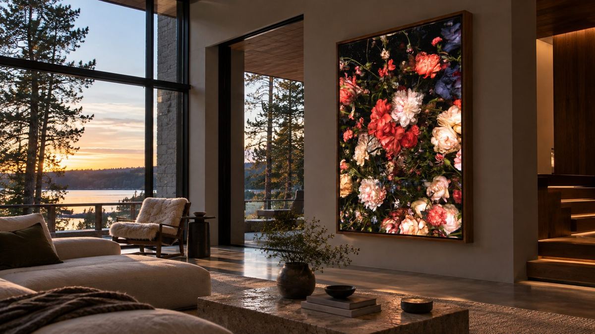 Salon au coucher du soleil avec le caisson Vanitas au mur