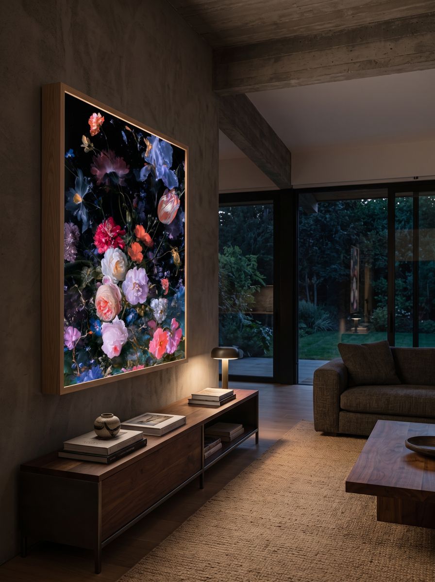 Salon au béton et au bois en soirée, caisson lumineux au bouquet de roses, tulipes et iris au-dessus d'un meuble bas